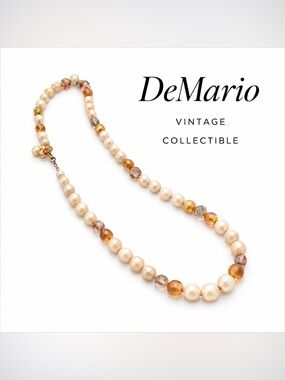 Vintage DeMario Beaded Necklace Faux Pearl Glass Floral Clasp collectible